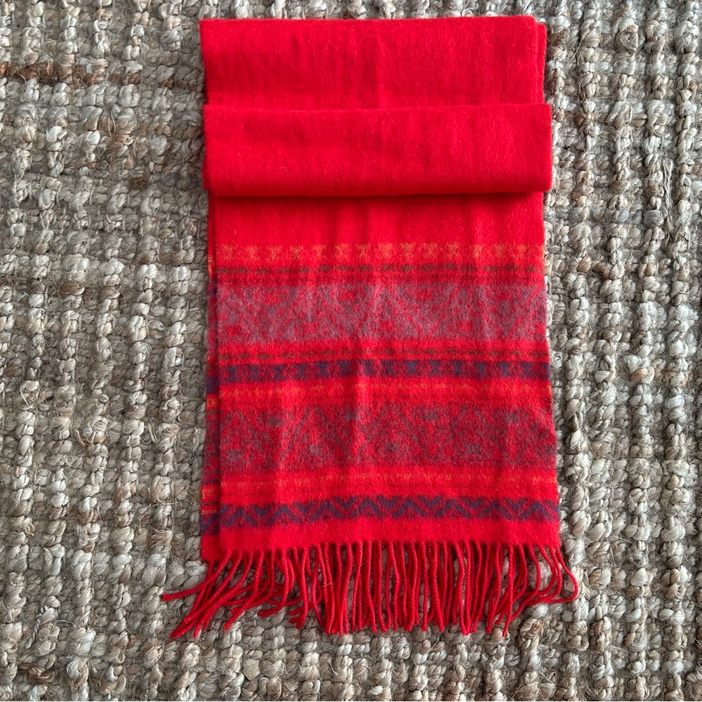 ERDOS 100% Cashmere Scarf – Red & Blue Patterned Fringe Scarf